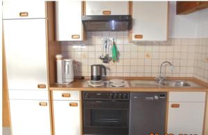 a small kitchen with a stove and a sink at Ferienwohnung Daiber in Bernau am Chiemsee