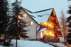 a house covered in snow with lights on at Roua Bucovinei in Sadova