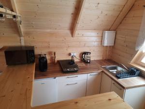 a kitchen in a log cabin with a sink at Domek KOTlina in Ścinawka Średnia