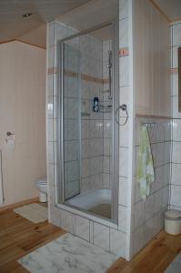 La salle de bains est pourvue d'une douche avec une porte en verre. dans l'établissement Gîte de la barrière, à Libin