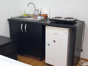 a kitchen with a sink and a refrigerator at Studio Buget Arena Nationala Mega Mall Monza in Bucharest