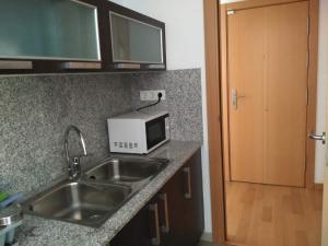 サン・アドリア・デ・ベソスにある2 BEDROOMS and 2 BATHROOMS FOR 5 PAX, SWIMMING POOL, FREE PARKING and NEAR THE BEACH!のシンクと電子レンジ付きのキッチン