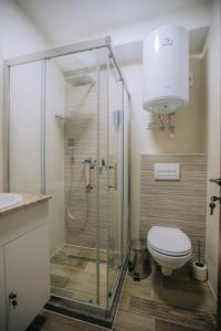 a bathroom with a glass shower and a toilet at White Blue Ohrid in Ohrid