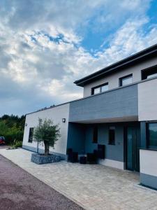 un edificio blanco con un árbol delante en Ferienwohnungen Nalbach Bierbach, en Nalbach