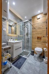 a bathroom with a shower and a sink and a toilet at WALD Apartmani&SPA in Zlatibor