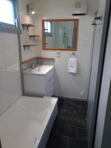 a bathroom with a sink and a mirror at Milton Cottage in Napier