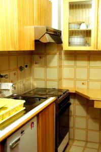 a kitchen with wooden cabinets and a stove top oven at Appartamento Cerreto Laghi in Cerreto Laghi