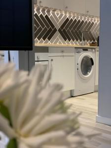 een keuken met een wasmachine en een wasmachine bij BNBHolder PUERTA DE ALCALA es MIA in Madrid