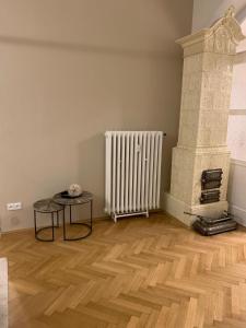 a room with a radiator and a wooden floor at Bella Vista Collonade in Karlovy Vary