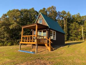 een tiny house met een veranda op een veld bij Nate’s Cabin in Fort Payne