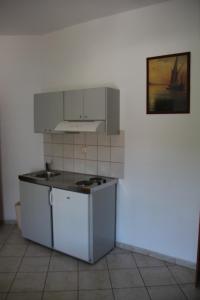 a kitchen with a sink and a stove top oven at Hotel Stavris in Hora Sfakion