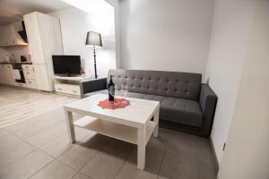 uma sala de estar com um sofá e uma mesa em Apartament Krakowska em Czestochowa