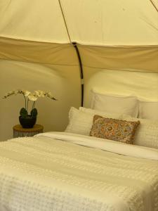 a bed with a white comforter and a pillow at Belle Glamping by the Sea in Katikati