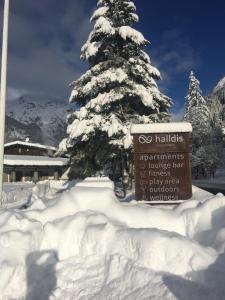 a sign in the snow next to a snow covered tree at Gressoney Saint-Jean Halldis Apartments in Gressoney-Saint-Jean