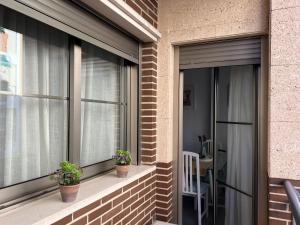 a balcony with windows and potted plants at Bellas Artes in Murcia