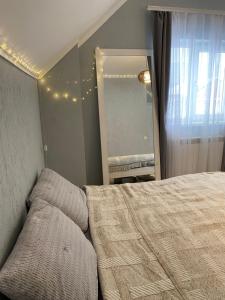 a bedroom with a large bed and a mirror at Смарт-квартира in Skole