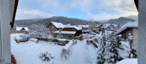 a village covered in snow with mountains in the background at Смарт-квартира in Skole