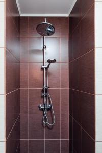 une douche avec des murs carrelés bruns et un pommeau de douche. dans l'établissement Szitas Rooms, à Praid