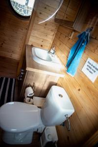 La petite salle de bains est pourvue de toilettes et d'un lavabo. dans l'établissement Houseboat Bonanza Prague, à Prague