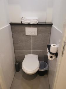 a small bathroom with a white toilet and two rolls of toilet paper at Wellness Suite Utrecht in Utrecht
