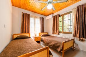 a bedroom with two beds and a ceiling fan at Pinecone Platres - 3 Units in Platres