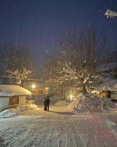 duas pessoas andando por uma rua coberta de neve à noite em Camping Aneto em Benasque