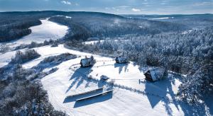 an aerial view of a ski slope with snow and trees at Wille Trójca in Trójca
