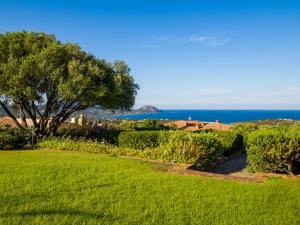 a garden with a tree and the ocean in the background at Villa Alberto - Klodge in Porto San Paolo