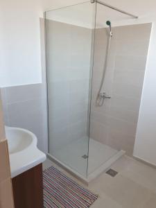 a shower with a glass door next to a sink at Casuta de la Munte in Sfodea +29 photos