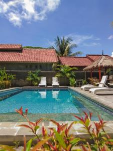 a swimming pool in front of a building at Edelweiss Homestay in Kuta Lombok