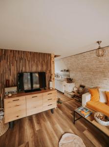 a living room with a couch and a flat screen tv at Acasă Straja - Casa Vintage in Lupeni +29 photos