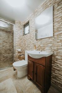 a bathroom with a sink and a toilet and a mirror at Acasă Straja - Casa Vintage in Lupeni
