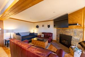 a living room with a couch and a fireplace at Sunsets at Summit 108b, free WI-FI, parking and AC in Snowshoe