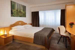 a hotel room with a bed and a desk at Hotel Planja in Zreče