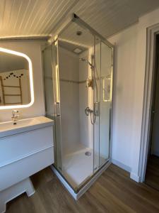 La salle de bains est pourvue d'une douche en verre et d'un lavabo. dans l'établissement Maisons Les Gites de l'Odet, à Clohars-Fouesnant