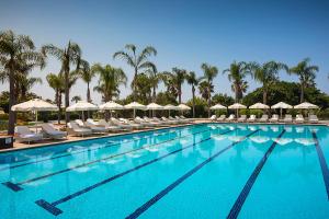 a swimming pool with chairs and umbrellas and palm trees at Calista Luxury Resort in Belek