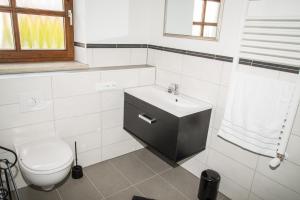 TittmoningにあるFerienhaus Wolferstetterのトイレと洗面台付きのバスルーム +16枚の写真