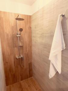 y baño con ducha y pared de madera. en Къща за гости На Мечка, en Oborishte