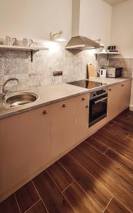 a kitchen with a sink and a counter top at Old Town Suite in Kraków