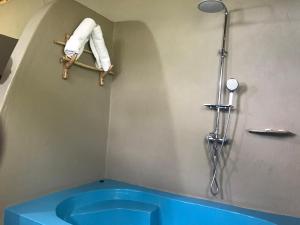 a bathroom with a shower with a wooden animal on a shelf at Enshama Game Lodge and Campsite in Katunguru