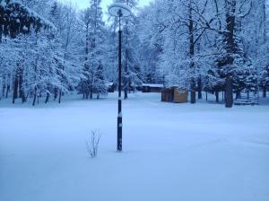 un poste de luz en un parque cubierto de nieve en Déjá Vu Szállás & Rendezvény Zirc, en Zirc