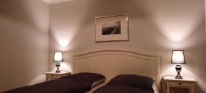 1 Schlafzimmer mit 2 Betten und 2 Lampen an der Wand in der Unterkunft Ferienhaus Bella Vista in Gelting + 10 Fotos