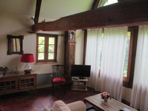 a living room with a tv and some windows at Moulin de la Génetée in Saint-Aubin-sur-Scie