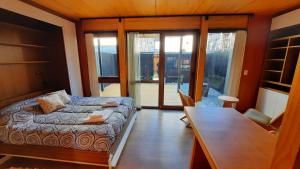 a small room with a bed and a table and glass doors at Hermoso monoambiente con jardin, modernoso y cálido a media cuadra de la calle principal (V406) in San Martín de los Andes