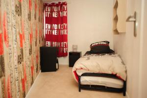 a bedroom with a bed and a red curtain at Créteil. Au pied du lac. T4 de 67 m2 in Créteil