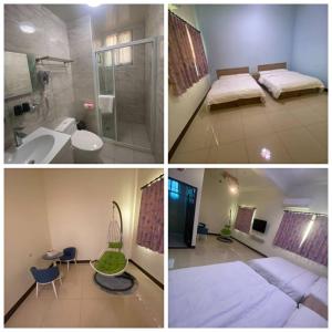 three pictures of a bathroom with a bed and a shower at 一點綠民宿 in Jincheng