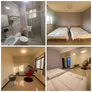 four pictures of a bathroom with a bed and a shower at 一點綠民宿 in Jincheng