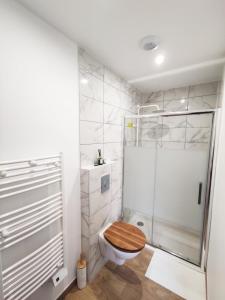baño con ducha y aseo con asiento de madera en Studio cosy Bienvenue chez Elle en Saint-Denis-de lʼHôtel