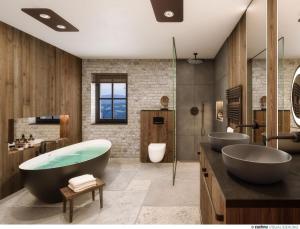 uma casa de banho com 2 lavatórios e 2 banheiras em Tomtegl-Bergchalet-No-4-mit-Privatsauna-Infinitypool-Kamin-Fitnessraum-1500m-Seehoehe em Hochrindl