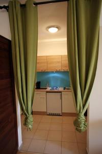 een keuken met groene gordijnen in een kamer bij Das Apartmenthaus Klambauer Frauenkirchen Thermennähe St Martins Therme in Frauenkirchen +65 foto's